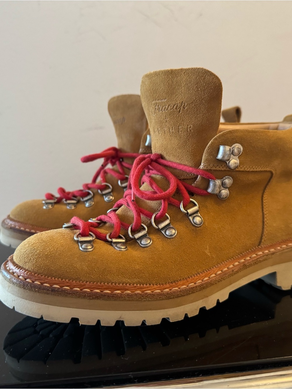 Aether x Fracap Dolomite Tan Suede Lace-Up Hiking Boots with Red Laces